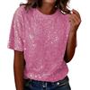 Generico Top Paillettes Donna Elegante con Collo Rotondo e Maniche Corte Maglia Curvy Leggera con Glitter da Discoteca T Shirt Brillantini Casual Estive per Feste, Carnevale, Cerimonia