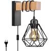 Elinkume Lampada da Parete in Legno per Interni con Spina e Interruttore,Applique Industriale E27 con Paralume a Gabbia in Metallo per Soggiorno,Corridoio Illuminazione Decorativa Luci Parete
