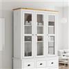 QUAHEAS Armadio per vetrina con ante in vetro BODO in legno di pino massello bianco marrone, credenza buffet cabinet con vano portaoggetti, maniglie in metallo, versatile per cucina, sala da pranzo