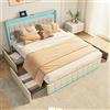 Ravas Letto Matrimoniale 140x190 con Illuminazione LED, Struttura Letto con 4 Cassetti a Ruote, Caricatore 2 USB e 1 Tipo C, Tessuto di Lino, Senza Materasso (Beige)