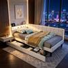 BIYFSDS Divano letto 90 x 200 cm con 2 cassetti, telaio letto imbottito con LED e porte USB, letto singolo 90 x 200 con rete a doghe testiera con ripiani portaoggetti per bambini (Beige-3, 90 x 200)