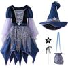 Generico 4 Pezzi Vestito Strega Bambina Costume Halloween Streghetta, Glitter, Cappello, Bacchetta Magica e Borsa Costumi Carnevale per Bambino 4-14 Anni