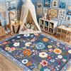 DEFYNEE Tappeto per soggiorno, 150 x 210 cm, stampa floreale vintage, lavabile in lavatrice e antiscivolo, a pelo corto, ideale per soggiorno, camera da letto e sala da pranzo, blu grigiastro