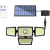 Honseadek Lampada da parete solare per esterni con sensore di movimento, lampada da giardino impermeabile a 4 teste, 3 modalità, illuminazione di sicurezza a LED con telecomando, per cortile, patio, vialetto (K