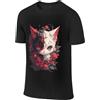 NONE T-shirt da uomo nera 100% cotone, maglietta estiva a maniche corte con girocollo, stampa gatto anime gotico con rose rosse, top casual morbido traspirante assorbente, streetwear moda hip hop per