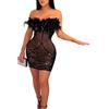 CABULE Abito con Piume Trasparenti con Paillettes Monospalla alla Moda e Sexy Primaverili ed Estivi