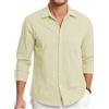 HISDERN Camicia da uomo in lino, a maniche lunghe, in cotone, per il tempo libero, vestibilità normale, per affari, estiva, con tasca, giallo chiaro, M