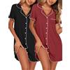 Ekouaer Camicia da Notte Donna Estiva in Due Pezzi Indumenti Maniche Corte Pigiama con Bottoni Confortevole Abito da Notte Aperta Davanti Scollo a V Nero/Bordeaux 2XL