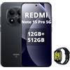 XIAOMI Redmi Note 15 Pro 5G 12GB+512GB Smartphone,MTK Dimensity 7400-Ultra,6.83 AMOLED Display 200MP Fotocamera, Batteria 6580mAh, IP68,Caricatore Non,Nero,incluso Smart Watch