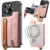 Ysnzaq per Magnetica Wallet Portafoglio, Conserva 5 Carte SDLW Rosa | PU in Pelle Magnetico Portafoglio Porta Carte con Cerniera, Slot per Carte, per iPhone 17/16/15/14/13/12, Non per 13/12 Mini