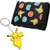 Pokémon Portafoglio Bambino Pikachu Portafogli Ragazzo Trifold con Porta Carta D'identità Portamonete Bambino e Anello Portachiavi Divertenti (Nero/Giallo)