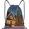LLOTPQ Zaino con coulisse per Natale, carnevale, villaggio, stampa, zainetto, sport, stoccaggio, Nero , S, Classico
