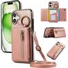 YANJIEER ESONG Cover per iPhone 17 Portafoglio Case con Cordino Cinturino e Ring,Custodia A Libro In Pelle Flip Cerniera,Caso per Donna Con Porta Carte,Magnetica,Supporto Rosa