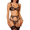 RSLOVE Completo intimo da donna in rete con giarrettiera, reggiseno sexy con ferretto e mutandine, set da 3 pezzi, rosa, S