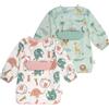 PERLETTI Bavaglini Impermeabili Bambini con Maniche Lunghe - Bavaglino Svezzamento Tasca Silicone Raccoglipappa Staccabile - Grembiule Pappa Bavaglia Resistente Riutilizzabile (Set Rosa + Verde)