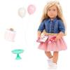 Our Generation - Emily - Bambola posabile da 46 cm - Capelli biondi e occhi verdi - Torta di compleanno e accessori per feste - Gioco di finzione - Giocattolo per bambini dai 3 anni in su