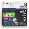 Uniross Batterie Mini Stilo AAA Ricaricabili con Cavo USB-C 4in1 1,5V 400mAh/703mWh +1000 Cicli di Ricarica Pile Litio HR3 Ministilo Uniross Tastiere Mouse Telecomandi Lunga Durata Alta Qualità - 8 Batterie