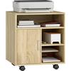 HOMCOM Mobile Porta Stampante con Ruote a Freno, Mobiletto per Stampante con Armadietto Anta Soft Close, 3 Scomparti Aperti, Ripiano Regolabile, Multiuso per Ufficio Studio, 60x50x65.5 cm, Color Legno