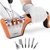 longzon Affilacoltelli Professionale, 4 in 1 Affila Coltelli da Cucina con Due Guanti Antitaglio, Affilacoltelli Manuale per Coltelli Dritti, Forbici, Sicuro e Facile da Usare - Arancione