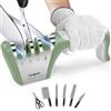 longzon Affilacoltelli Professionale, 4 in 1 Affila Coltelli da Cucina con Due Guanti Antitaglio, Affilacoltelli Manuale per Coltelli Dritti, Forbici, Sicuro e Facile da Usare - Verde