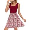 WNEEDU Abiti Estivi Senza Maniche Donna Floreale Abito Swing in Linea A Vacanza Mini-Abito Colore Patchwork con Scollo a U e Tasche