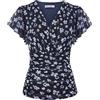 GRACE KARIN - Camicia da donna con fiori boho, scollo a V, ruches, maniche corte, plissettata, in mesh, top estivo slim fit vintage, Blu mare, M