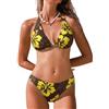 CUPSHE Bikini da donna Set due pezzi costume da bagno con scollo a V Halter posteriore auto-cravatta vita bassa fondo, Marrone/Giallo Floreale, M