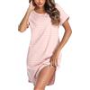 Litherday Camicie da Notte Donna Estiva Cotone Manica Corte Sexy Camicie Notte Pigiama a Girocollo Curvy 95% Cotone con 2 Tasche,Bianco Rosa,M