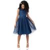 Maya Deluxe Midi Dress for Girls Sequins Embellished Party Tutu Bridesmaids Wedding with Belt Bow, Vestito Bambina, French Navy,