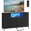 SONGMICS Cassettiera con 8 Cassetti, Mobile Porta TV in Acciaio e Tessuto, con Luci LED, Prese CA e USB, 113,8 x 30 x 68,1 cm, Nero, per Camera da Letto, Collezione Bellah LGS433BH02