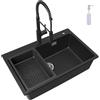 CECIPA Lavello Cucina Nero con Rubinetto a Molla Estraibile, 70 x 45 cm Lavandino Cucina 1 vasca in Granit con Dispenser Sapone e Cestello Scarico, Incasso al mobile 80cm, con Sifone