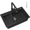 CECIPA Lavello Cucina Nero con Rubinetto Estensibile, 70 x 45 cm Lavandino Cucina 1 vasca in Granit con Dispenser Sapone e Cestello Scarico, Incasso al mobile 80cm, con Sifone