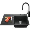 CECIPA Lavello Cucina 1 Vasca in Granito Nero - 78x45 cm con Rubinetto Estraibile, Vasca Singola con Sifone e Gruppo di Scarico