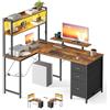 VASAGLE Scrivania Angolare, Scrivania da Gaming con Prese e Porte USB, Luci LED, 3 Cassetti, Supporto per Monitor, 140 x 100 x 150 cm, Marrone Vintage e Nero Opaco, Collezione BARNET LWD162K101