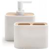 Gedy Melbourne Set 2 Pezzi Accessori Bagno Realizzato in Resina e Bambù Finitura Bianco Opaco, composto da 1 Dispenser Sapone Bagno con Erogatore e 1 Porta Spazzolini Bagno a 2 Scomparti