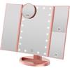 WEILY Specchio Trucco con Luci, Trifold dello specchio di trucco illuminato con l'ingrandimento di 1X/2X/3X, le notti naturali del LED, lo schermo di tocco, lo specchio caricabile (Oro Rosa)