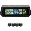 Yeqqzq Sistema di monitoraggio della pressione dei pneumatici: monitor wireless a energia solare e caricatore USB, display LCD colorato, TPMS con 4 sensori e 5 modalità di allarme, monitoraggio in tempo