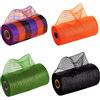 POPOYU 4 rotoli di rete decorativa per Halloween, per realizzare ghirlande, 15,2 cm x 9,1 m, arancione, viola, verde, nero, a quadri, in lamina metallica, rotolo di rete in poliestere per decorazioni di
