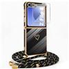 Mkej Cover con Tracolla per Samsung Galaxy Z Flip 6/ 7FE, Cover Antiurto TPU Nero con Bordo Dorato Galvanico, Design Cuore, Set con Vetro Temperato Schermo Esterno e Cinturino Regolabile, Nero e Oro