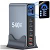 Puiseno Caricatore USB C da 540 W, 6 porte per laptop multiplo (4C + 2A), display LCD GaN, caricatore rapido da 140 W, caricatore PD compatibile con MacBook Pro/Air, iPhone 17/16/15, Galaxy S25, ecc