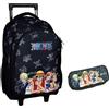 PRESTIGE & DELUXE Trolley Bag Zaino Scuola one Piece Nero + astuccio ovale zip 2 scomparti + portachiave personaggio