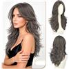 Sofeiyan Parrucche Lunghi Lisci,55 cm Grigio Argento Misto Parrucca con Frange a Tenda,Layered Parrucca con Lace Front per Donna,Capelli Sintetica per Quotidiano Matrimonio Festival