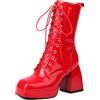 Bviennic Donna Stivali a Metà Polpaccio Chunky Tacco Alto con Plateau Moda Square Toe Cordoncino Festa 2444 Rosso Numero 36.5 EU/37Cn