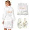 HANGGON Vestaglia Sposa Donna in Raso, Bademantel da Sposa in Satin, Kimono con Pantofole e Borsa Cosmetici, Regalo Matrimonio, Completo Sposa per JGA, Cerimonia, Festa (XL)