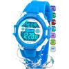 Juboos Orologio Bambina,con Cinturino Stampato e 7 Luci Colorate,Orologio Digitale Impermeabile per Bambini con Orecchie da Gatto per Ragazzo e Ragazza da 4 a 12 Anni (Bianco blu)