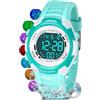 Juboos Orologio Bambina,con Cinturino Stampato e 7 Luci Colorate,Orologio Digitale Impermeabile per Bambini con Orecchie da Gatto per Ragazzo e Ragazza da 4 a 12 Anni (Verde chiaro - bianco)