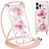 Coalbooliy Magnetica Custodia per iPhone 14 Pro 6,1 con Cordino, Trasparente Estivi Aesthetic Modello Fiore Rosa Disegni Cover Case Compatibile con MagSafe Collana Girocollo Femmina, 10
