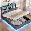AOGLLATI Letto Matrimoniale 140x190 CM con Contenitore Idraulico | Struttura Letto Matrimoniale con 270° LED e Stazione di Ricarica Letto Imbottito con Testiera Velluto a Coste, Grigio Scuro