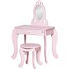 HOMCOM Toeletta per Bambini e Sgabello in Legno Rosa con Specchio e Cassetto