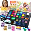 Lubibi Trucchi Viso Bambini Kit, 21 Colori Pittura Corpo Face Painting Tavolozza Con 3 Pennelli, 28 Modelli, Glitter, Pietre Preziose, Halloween, Pasqua, Carnevale, Cosplay Set Trucco per Bambini